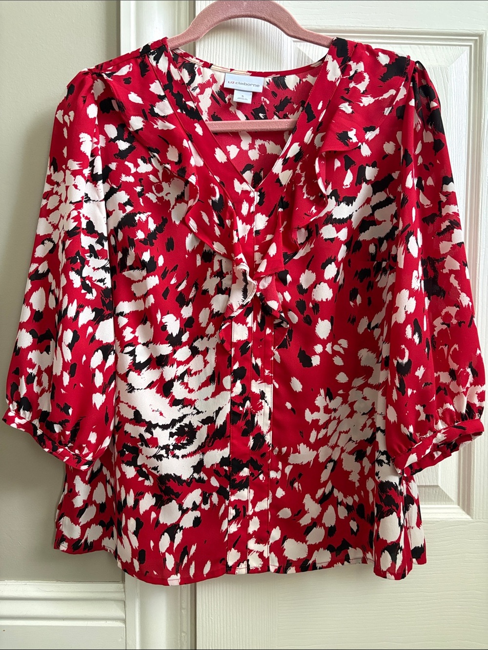 Liz Claiborne Red Black and White Ruffle V-Neck Blouse